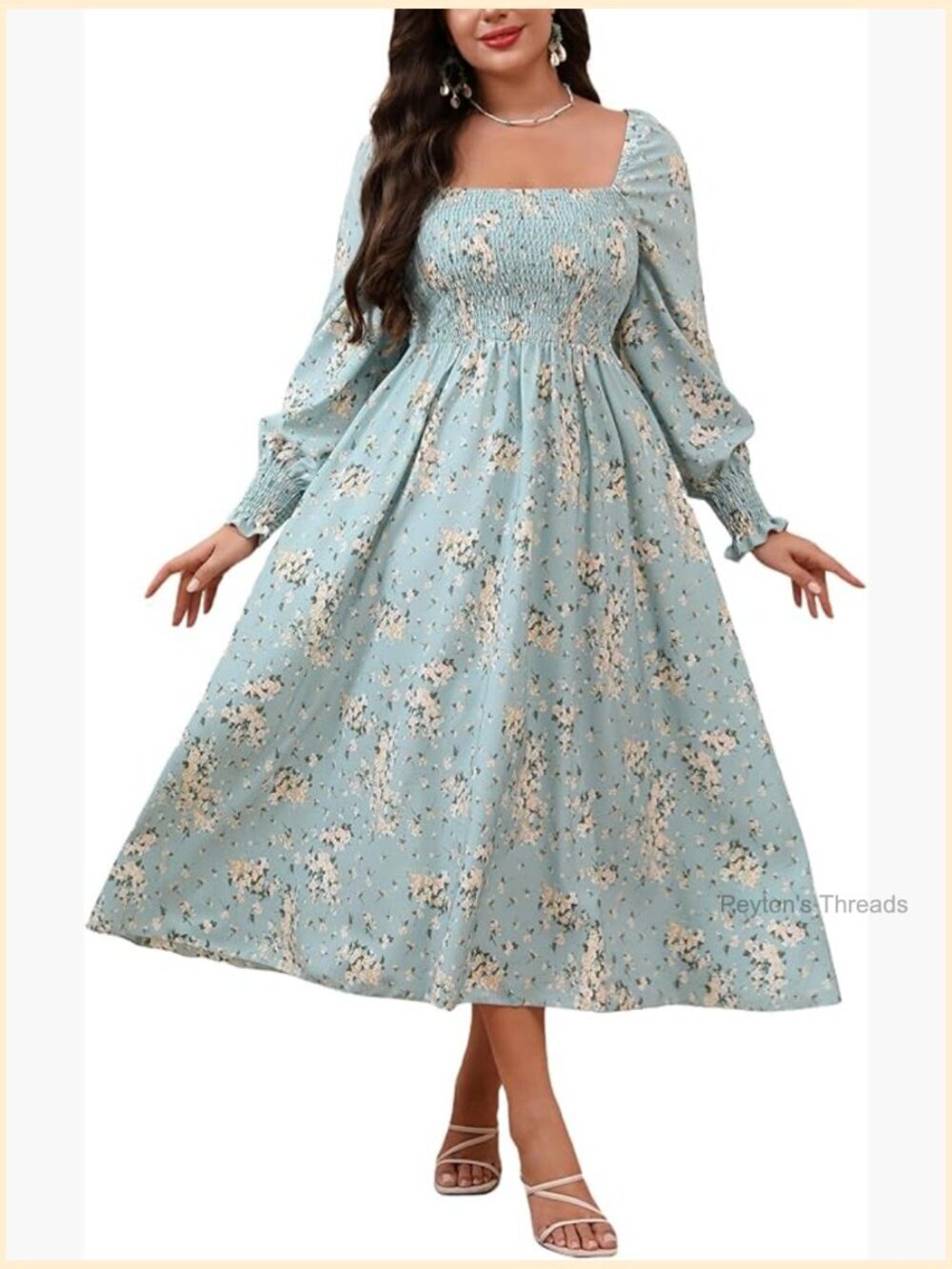 Plus Size Floral Maxi Dress Bishop Sleeve Square Neck Smock A Line
